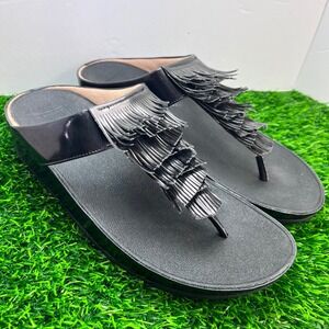 Fitflop Cha Cha Fringe‎ Wedge Thong Sandals Black Comfort Slides Slip On Sz 10